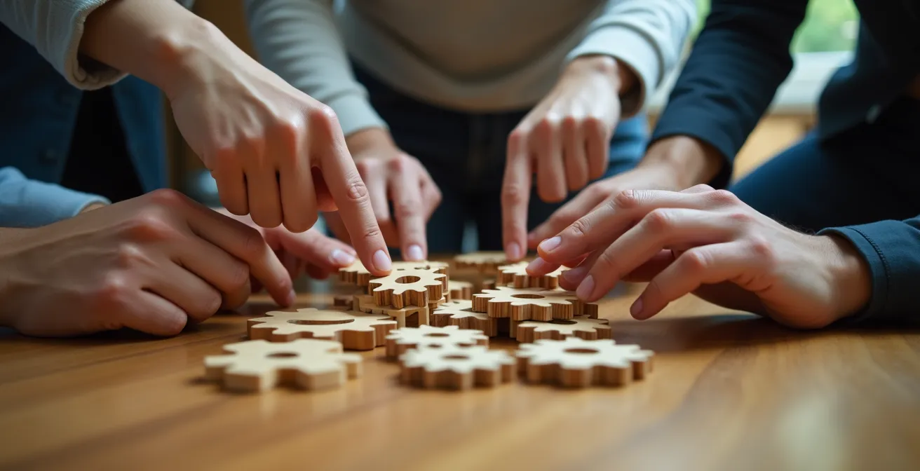 Mains d'équipe manipulant des engrenages en bois lors d'un escape game