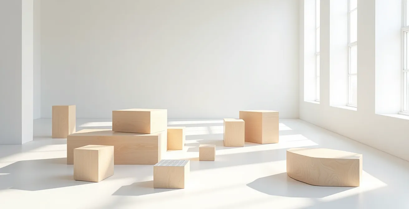 Vue aérienne d'une structure modulaire géométrique en bois et métal dans un espace épuré