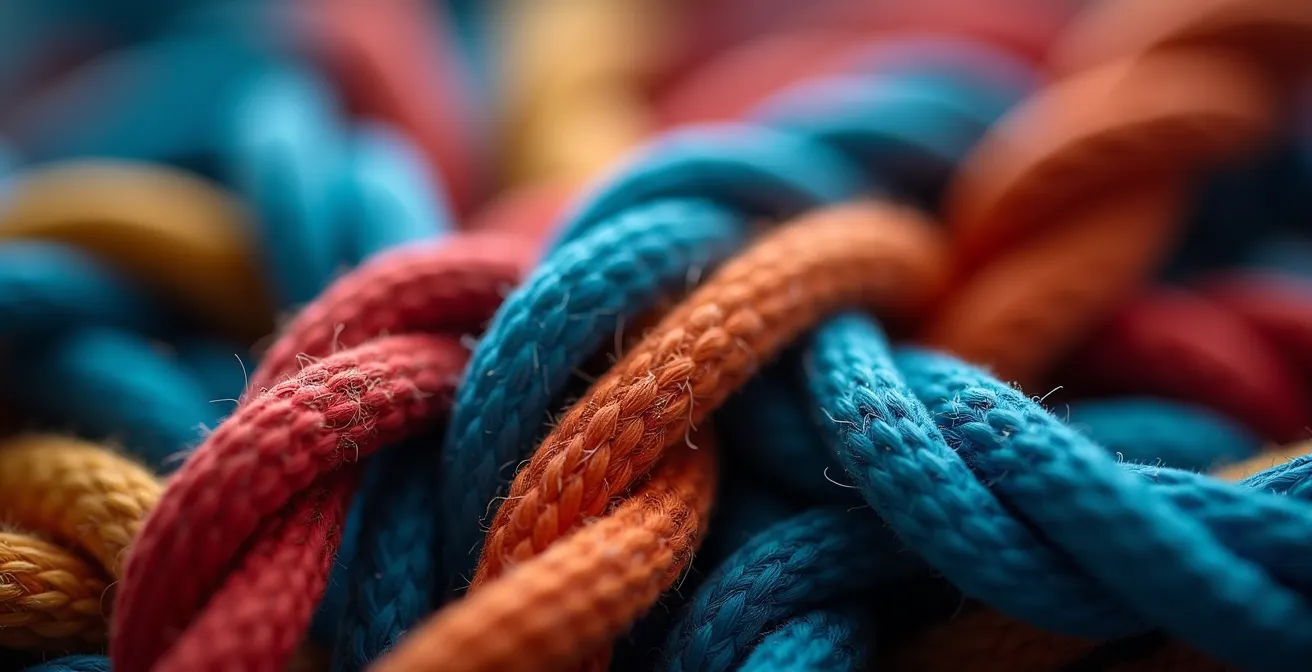 Photo macro de cordes colorées entrelacées montrant la texture et le tressage complexe