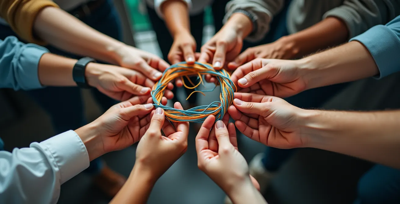 Gros plan de plusieurs mains tenant des fils colorés entremêlés sur fond flou