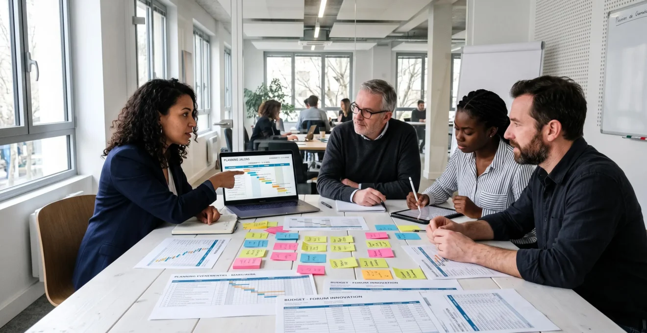 Équipe de quatre professionnels réunis autour d'une table de réunion couverte de calendriers imprimés, graphiques de planification et post-its colorés, un écran d'ordinateur affichant un rétroplanning événementiel