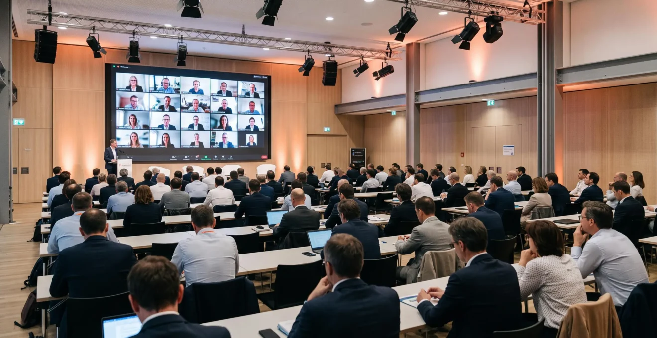 Salle d'événement corporate moderne avec participants présentiels en audience et grand écran affichant des participants distanciels en visioconférence lors d'un événement hybride professionnel