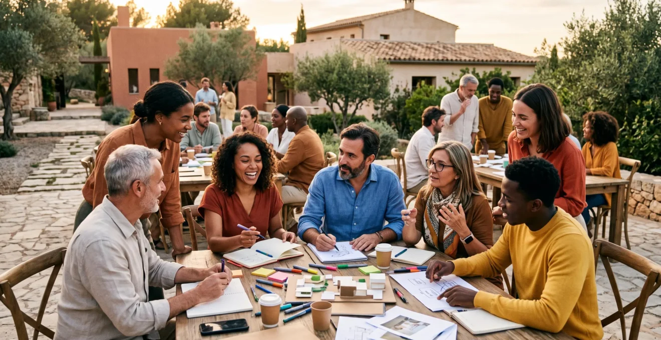 Groupe de collaborateurs d'âges variés participant à un atelier créatif collaboratif en plein air lors d'un séminaire d'entreprise, avec tables de travail et matériaux artistiques, dans un cadre méditerranéen lumineux