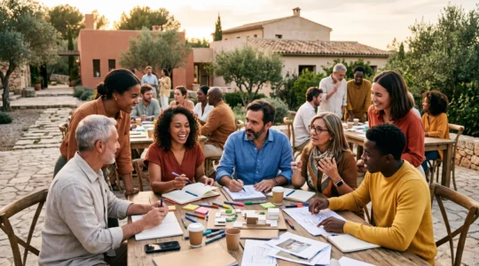 Groupe de collaborateurs d'âges variés participant à un atelier créatif collaboratif en plein air lors d'un séminaire d'entreprise, avec tables de travail et matériaux artistiques, dans un cadre méditerranéen lumineux