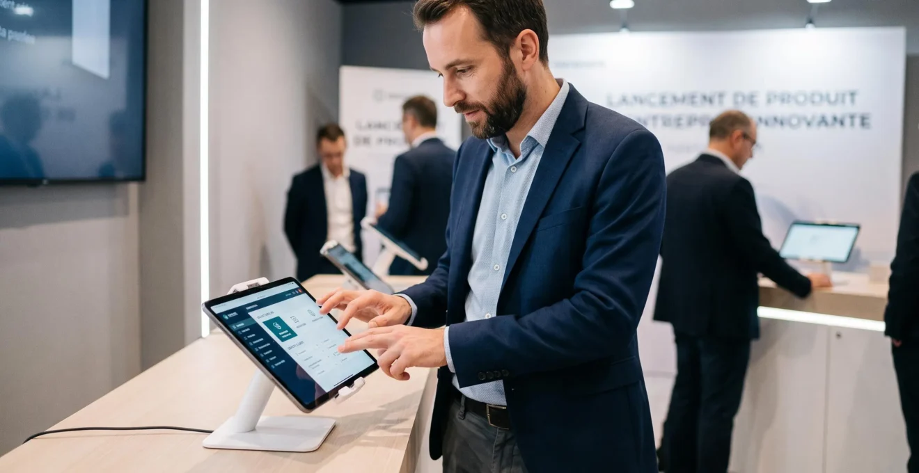 Professionnel masculin manipulant une tablette numérique lors d'une démonstration produit dans un stand événementiel moderne aux lignes épurées