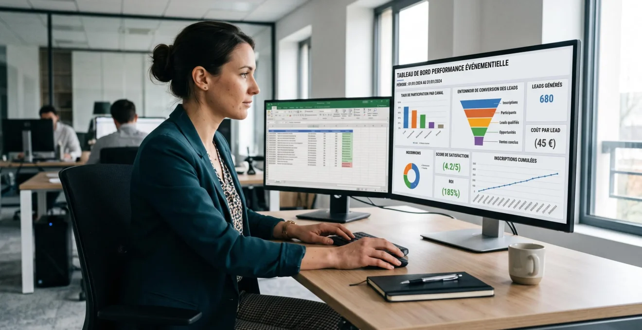 Professionnelle assise devant un écran d'ordinateur affichant des tableaux de bord de performance événementielle avec graphiques colorés de métriques et KPIs