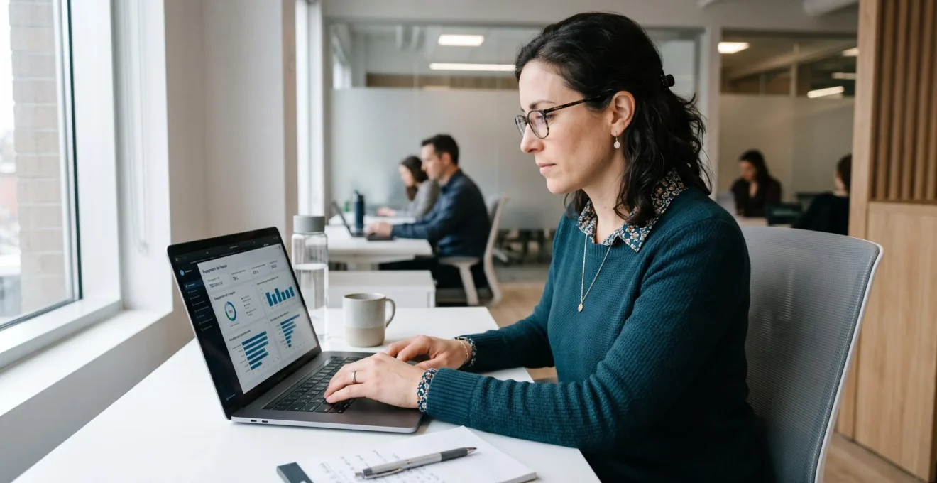 Professionnelle RH consultant des données d'engagement collaborateur et des indicateurs de performance sur son ordinateur portable dans un bureau moderne avec lumière naturelle
