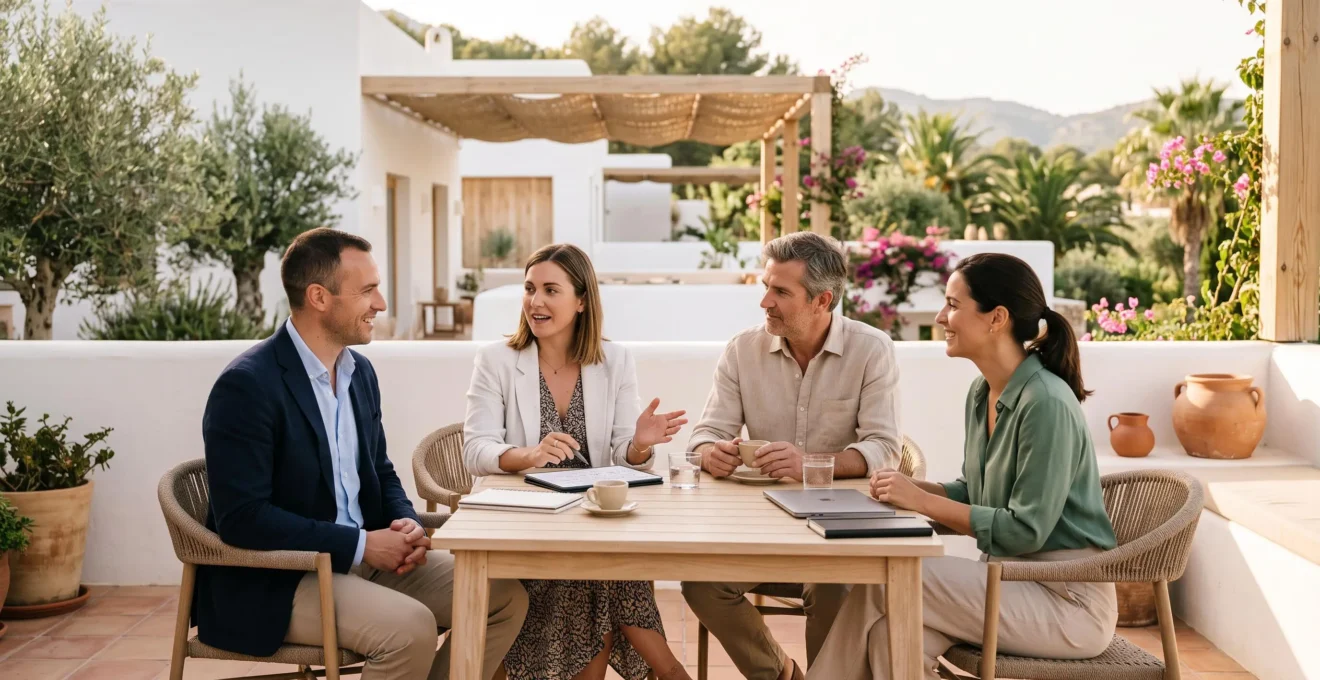Petit groupe de professionnels en tenue décontractée échangeant de manière informelle sur la terrasse ensoleillée d'un lieu de séminaire en Espagne, avec architecture méditerranéenne moderne et végétation en arrière-plan