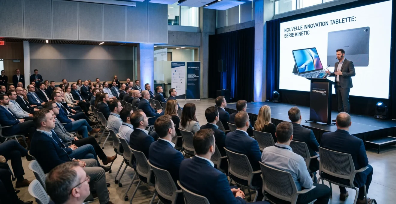 Salle d'événement corporate moderne avec présentateur sur scène dévoilant un produit tech devant une audience de professionnels assis, éclairage scénique et écran LED en arrière-plan