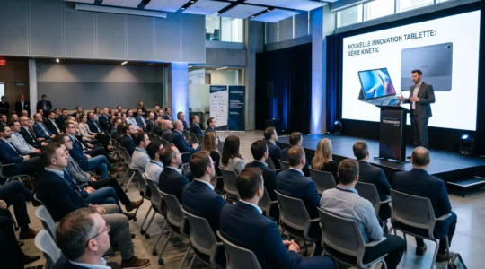 Salle d'événement corporate moderne avec présentateur sur scène dévoilant un produit tech devant une audience de professionnels assis, éclairage scénique et écran LED en arrière-plan